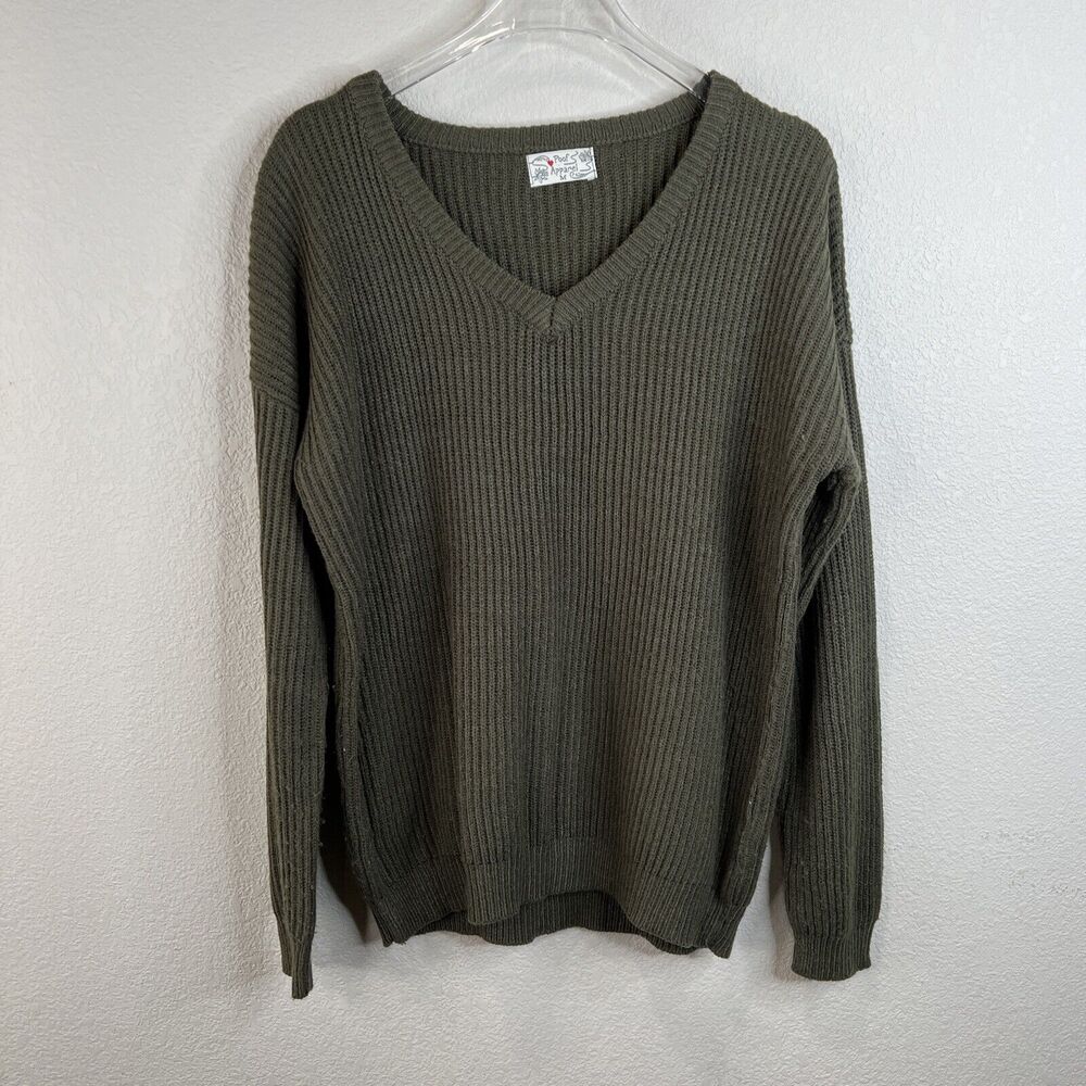 Poof Apparel Womens Olive Green Ribbed V-Neck Knit Pullover Sweater Size M
